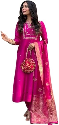 Maangalya Women's Viscose Silk Heavy Embroidered Straight Kurta With Trouser &amp; Banarasi Jacquard Dupatta Set
