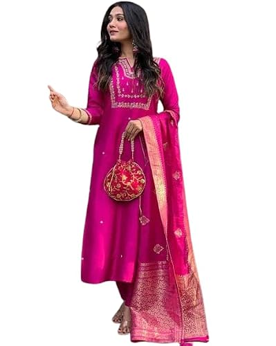 Ecora Craft Women's And Girls Wear Pink Color Roman Silk Embroidered Work A-Line Kurta, Pant and Dupatta Set Size-M
