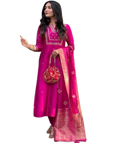 Women’s Viscose Silk Heavy Embroidered Straight Kurta With Trouser & Banarasi Jacquard Dupatta Set