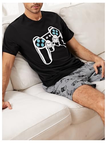 Image of Verdusa Men's Pajamas Set 2 Piece Pjs Sets Short Sleeve Letter Print Tee and Short Lounge Set