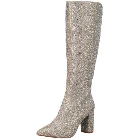 Ouepiano Cowgirl Rhinestones Boots Pointed Toe Chunky Block Heel Knee High Boots for Women, Girl, Party Silver 10 Cover
