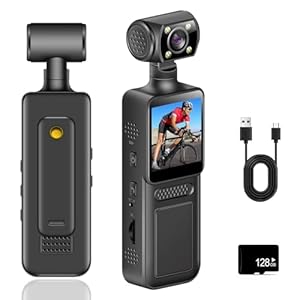 4K Camera Pieton, 128GB Caméra de Corps avec Objectif Rotatif & 180° Grand Angle, WiFi Enregistreur Vidéo Portable avec Clip Arrière, Détection de Mouvement de Vision Nocturne pour Sport Vélo Voyage