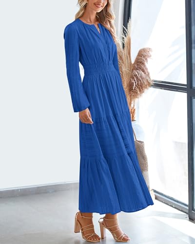 BTFBM Fall Dresses for Women 2025 Casual Long Sleeve V Neck Elastic Waist Lightweight Maxi Wedding Guest Dress Pockets