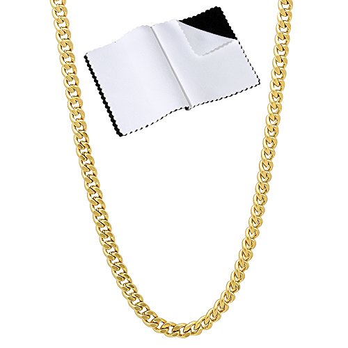The Bling Factory 3mm Polished 14k Yellow Gold Plated Flat Cuban Link Curb Chain Necklace, 24 inches