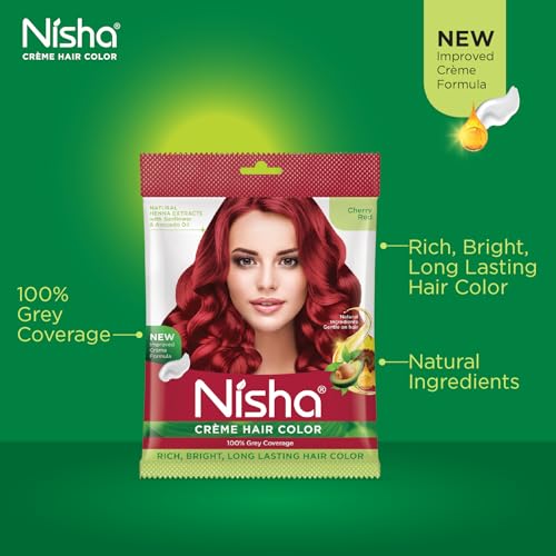 Image of Nisha Cream Permanent Hair Colour for Women & Men, Cherry Red - 100% Grey Coverage, Long Lasting Hair Dye, Deep Shine & Conditioning with Natural Herbs, 40g (Pack of 4)