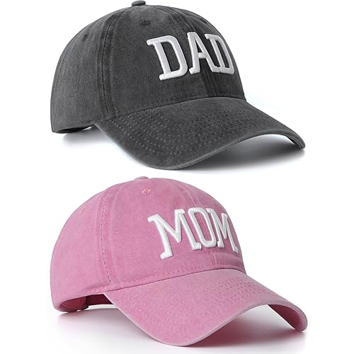 Image of Mom Dad Embroidered Baseball Caps Set of 2 Adjustable Couples Cotton Hats | Soft cotton matching caps with premium embroidery and adjustable fit, perfect for couples, parents, family photos and gifts.