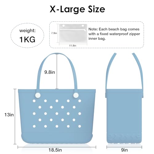 X-Large Rubber Tote Bag Beach Bag Travel Bag with Waterproof Zipper Pocket, Washable Durable Rubber Beach Tote Holes4