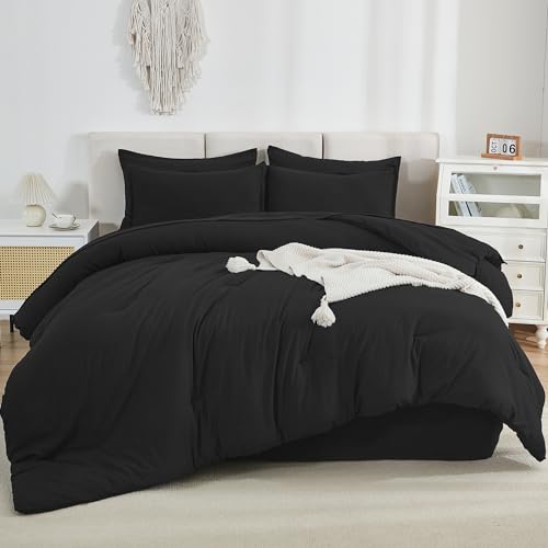 Litanika Comforter Queen Size Set Black - 7 Pieces Bed in a Bag Queen Bedding Comforter Sets, Plain Lightweight Bed Set with Comforter, Sheets, Pillowcases & Shams