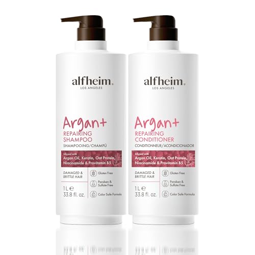 Alfheim Argan Repairing Shampoo & Conditioner Set | Sulfate-Free for Dry & Damaged Hair | Argan Oil, Keratin & Niacinamide Infused to Strengthen & Moisturize, Reduce Breakage & Anti-Frizz | 33.8oz*2