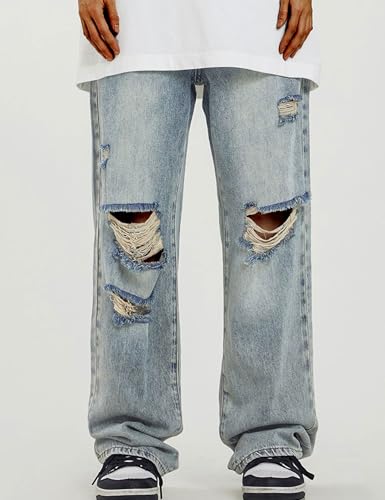 FCOOLYEET Men's Baggy Jeans Y2k Grunge Distressed Ripped Jeans Streetwear Wide Leg Hip Hop Denim Pants with Holes3