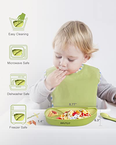 Brvtot Toddler Suction Plates For Baby, 100% Food Grade Silicone Baby Plates With Spoon & Fork Bpa Free, Divided Toddler Plate With Suction Microwave & Dishwasher Safe, Self Feeding Utensils Set Green #TOP2