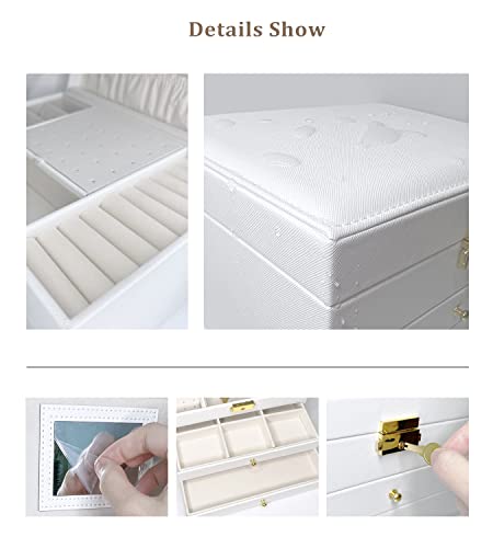 Jewelry Box Organizer For Women Girls, 3 Layer White Pu Leather Jewelry Storage Case With 2 Removable Drawers, Mirror, Key Lock And 4 Pcs Jewelry Bags For Rings, Earrings, Necklace, Bracelet #TOP6