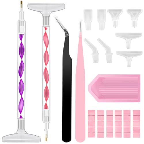 Rhinestone Art Tools Includes 2 Dual-Ended Wax Pens with 12 Replacement Tips 2 Tweezers Handy Bedazzling Kit Tools for Nail Art Craft and Diamond Painting(Pink)