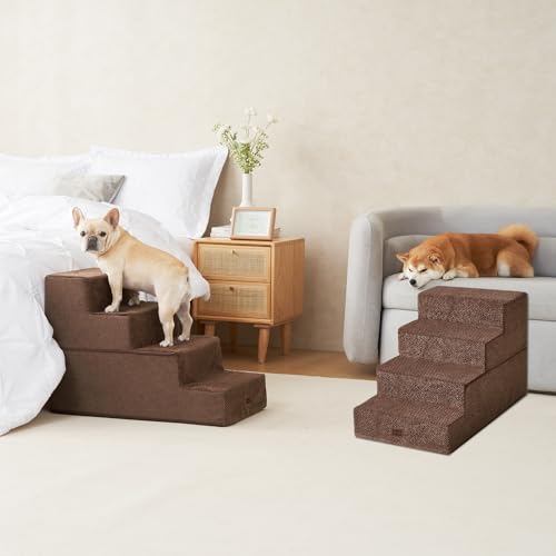 Image of EHEYCIGA Dog Stairs for Bed 20 inch H, 4-Step Extra Wide Dog Steps for High Bed, Pet Steps for Small Dogs and Cats, Non-Slip Balanced Pet Ramp Indoor, Brown