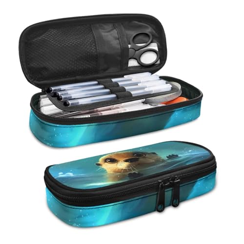 Image of Otter Zippered Pencil Case Blue Pen Cases for Kids Girls Lightweight Stationery Pouch with Slots and Compartment Supplies Storage Bag