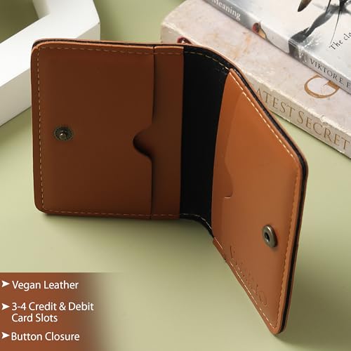 Image of VEMILIO Vegan Leather Card Holder Wallet for Men & Women | Slim Bi-Fold Design | RFID Protected | Button Closure | 3-4 Card Slots | Durable & Travel-Friendly (Tan)