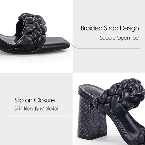 Syktkmx Womens Braided Heels Sandals Chunky Block Heel Double Strap Summer Dressy Sandal, Black, Size 113