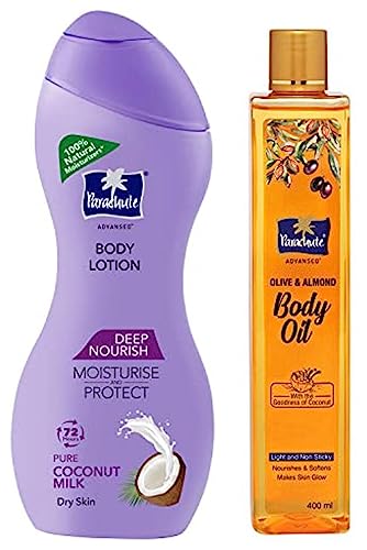 Image of Olive & Almond Body Oil By Parachute Advansed For Nourished Glowing Skin,400 ml & Parachute Advansed Deep Nourish Body Lotion for Women & Men, Dry Skin, 250ml