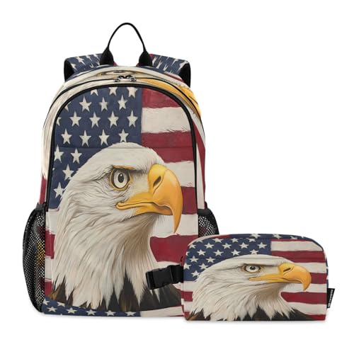 ALAZA Retro Bald Eagle American Flag Kids Backpack Elementary Girls Boys Bookbag Rucksack Primary School Bag Backpack Set with Lunch Bag
