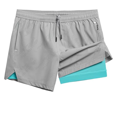 Image of maamgic Mens Running Shorts with Compression Liner 5 inch Quick Dry Zip Pocket | Anti-Chafe, Perforated Fabric, Breathable, Stretch, Towel Loop, Athletic, Workout, Gym