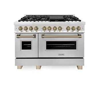 ZLINE Autograph Edition 48 in. 6.0 cu. ft. Legacy Dual Fuel Range with 7 Burner Gas Cooktop and 2 Electric Ovens in Stainless Steel and Champagne Bronze Accents