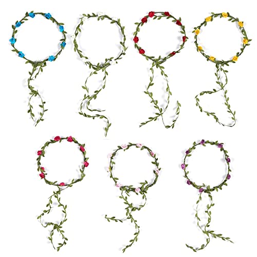 Juvale Pack of 7 Adjustable Floral Wreath Headbands for Girls and Women, Assorted Colors