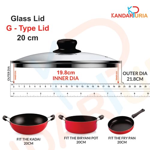 Image of Kandaruria Glass Lid, Toughened Glass with Steam Vent, Stainless Steel Rim, Compatible fit with Kadai, Biryani Pot, Fry Pan, all G Type cookware (20cm)