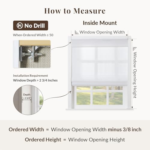 Image of TWOPAGES No Drill Cordless Roman Window Shade Customized Blackout Bamboo Shade Light Filtering Roman Blind for Kitchen Indoor Windows, Mist White, 1 Piece