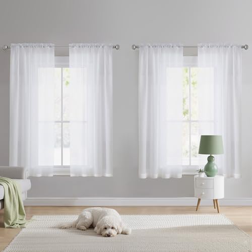 NICETOWN White Sheer Curtains 63 inches Long 4 Panels 42 inch Wide Rod Pocket Light Filtering Drapes Translucent Modern Voile Airy & Breathable Window Treatment for Kitchen