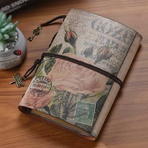 Image of Vintage Refillable Journal, Premium Leather Traveler Notebook Sketchbooks Classic Diary Planner with Blank Pages and Zipper Pocket (Leather Journal-Pink Flowers)
