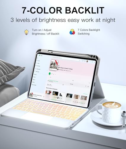 Image of Harvopu Compatible for iPad 11th 10th Generation Case with Keyboard, Folio Cover with Pencil Holder, Multi-Touch Trackpad, 7 Color Backlit, Detachable Keyboard for iPad (A16) 11th /10th Gen (White)