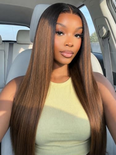 Image of KLAIYI Pre Everything Yaki Straight Glueless Ombre Highlight Balayage Brown 13x4 Lace Front Wigs Human Hair Drawstring Pre Plucked Bleached Knots 30S Ready to Wear and Go Wig Beginner Friendly 18Inch