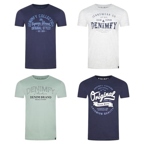 DENIMFY Tshirt Herren Baumwolle Regular Fit DFNuri 4er Pack Set Rundhals Kurzarm Sommer Tee Shirt Logoprint, Größe:L, Farben:Farbmix 1