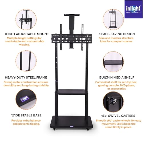Image of Inlight Rolling /Mobile TV Cart with Wheels for 32-65 Inch LCD LED 4K Flat Screen TVs, TV Floor Stand with Shelf Holds Up to 70 Kgs | Adjustable Height Trolley Max VESA 610 x 410 mm