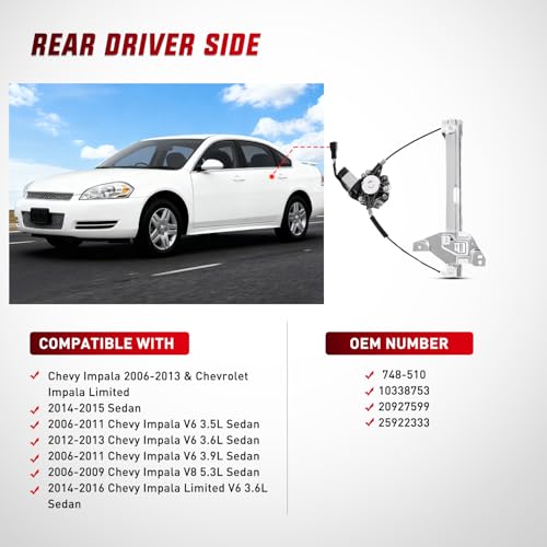 Image of Nilight Power Window Regulator /Motor Compatible with 2006 2007 2008 2009 2010 2011 2012 2013 Chevrolet Impala /Impala Limited 2014 2015 2016 Rear Driver Side 748-510