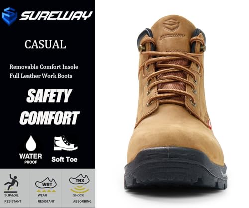SUREWAY Men Waterproof Steel/Soft Toe Hiking Work Boots - Leather,Lace Up,Round Toe,Slip Resistant,Comfort EH Safety Industrial Construction Boot,Lightweight Utility Outdoor Shoes for Roofing,Hunting4