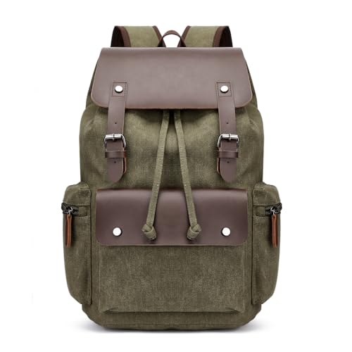Retro Canvas & Leather Laptop Backpack, Unisex 16 Inch Computer Bag for Work Travel & University, Vintage Style Rucksack