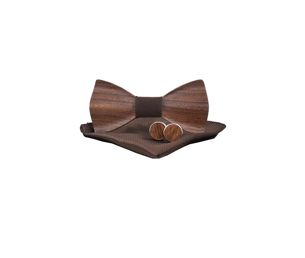 Desconocido Gemelos clásicos de madera para hombre, pajarita de novio, padrino, pajarita, juego de pañuelo cuadrado a juego con caja de regalo, Marrón, talla única