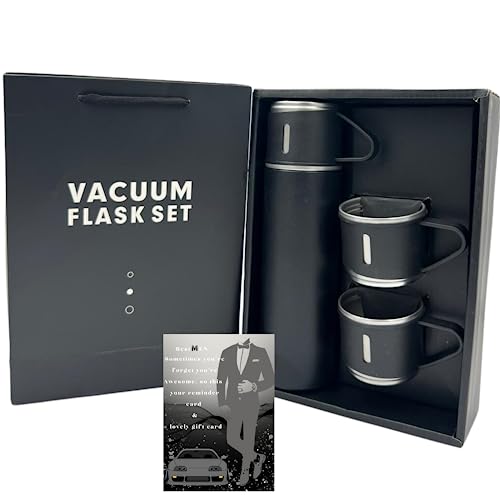 Mens Gift Set Vacuum Insulated Flask 500ml Stainless Steel Thermo Bottle With 2 Plastic Cups For Coffee Water Hot & Cold Drink Flasks With Men Black Cards