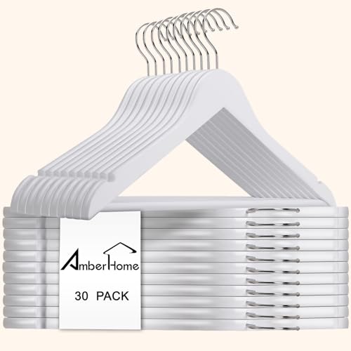 Amber Home White Wooden Hangers 30 Pack - Coat Hangers With Non-Slip Pant Bar for Shirts, Jackets, Dress