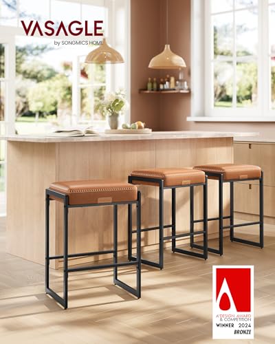 Image of VASAGLE EKHO Collection - Bar Stools Set of 3, Counter Height Bar Stools, Synthetic Leather with Stitching, Mid-Century Modern Counter Stools, 26-Inch Tall, Kichen Home Bar Dining Room, Caramel Brown