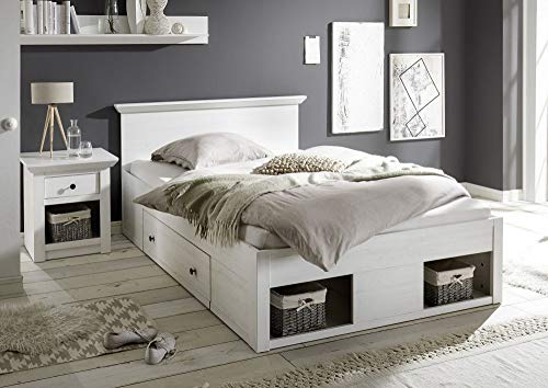Beauty.Scouts Bett Feres M Bettgestell, Holzbett, Schlafzimmer, Einzelbett, Landhaus, mit Bettschubkästen, Pinie Weiss Nachbildung, 155x92x212 cm Größe mit Zwei Körben Cover