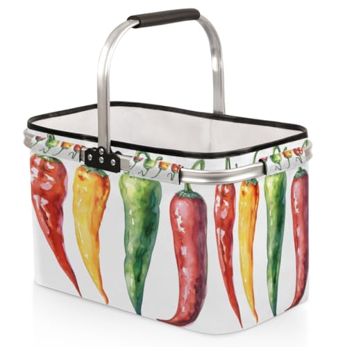Tablerazzi Colorful Chilli Folding Picnic Basket Large Reusable Shopping Basket Vegetable Pepper Collapsible Grocery Bag with Handle Aluminum Frame Market Basket