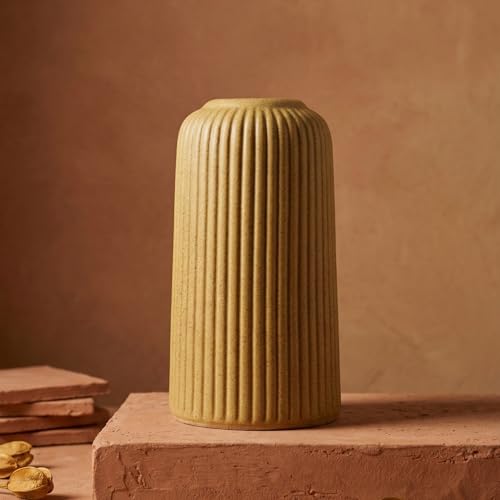 Image of KREATIVE ART'S Modern Ribbed Design Ceramic Flower Vase for Living Room, Flower Pots for Artificial Flower, Home Decoration Item, Home Decor, Vases for Living Room (Textured Brown, Small)