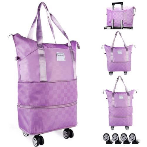 NBERMOTION Expandable Rolling Duffle Bag - Large Carry-On With Spinner Wheels, Foldable Weekend Travel Bag, 28-58L Capacity(A-Purple-Fan)