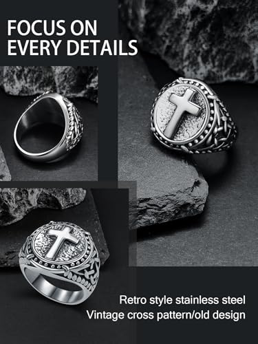 Cross Ring for Men Stainless Steel Celtic Knot Ring, 18K Gold/Black Metal, Retro Religious Chrisitan Cross Ring Norse Viking Battle Axe Cross Ring, Size 7-13, with Gift Box3