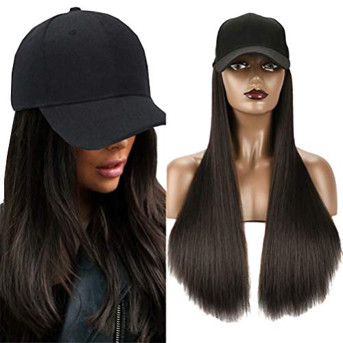 iLUU Baseball Cap With Hair Extensions Natural Synthetic Hair With Attached Black Hat With 24inch Long Straight Smooth Hair Extensions For Women Daily Party Use - Black Brown