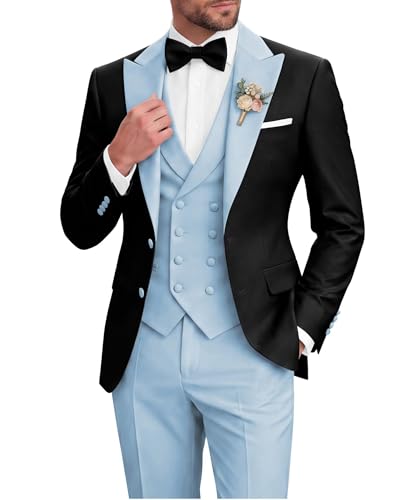 TIJOFA Baby Blue 3 Piece Tuxedo for Men Classic Fit Mens Formal Homecoming Suit Two Button Prom Wedding Tuxedo Men Peak Lapel Suit Jacket with Bow Tie for Graduation Ceremony Small