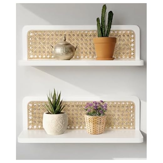 Mazjoaru Wandregal Weiß Boho 2 Set, Rattan Wandregale Boho Wanddeko Rustikal Modern Holz Wandmontierte Aufbewahrungsregale für Wohnzimmer, Kinderzimmer, Schlafzimmer