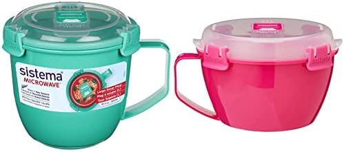 Sistema Microwave Soup Mug, Large | 900 ml Microwave Food Container with Steam-Release Vent | BPA-Free | Assorted Colours (Not Selectable) & Microwave Noodle Bowl, 15.6 x 17.2 x 9.7 cm